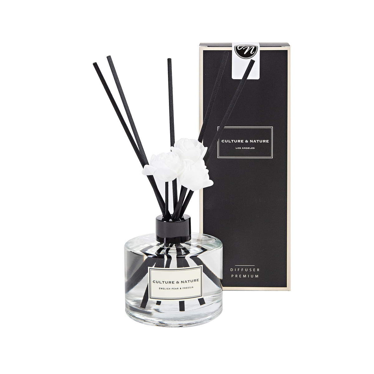 Culture & Nature reed diffuser bottle with English Pear & Freesia aroma for a living room