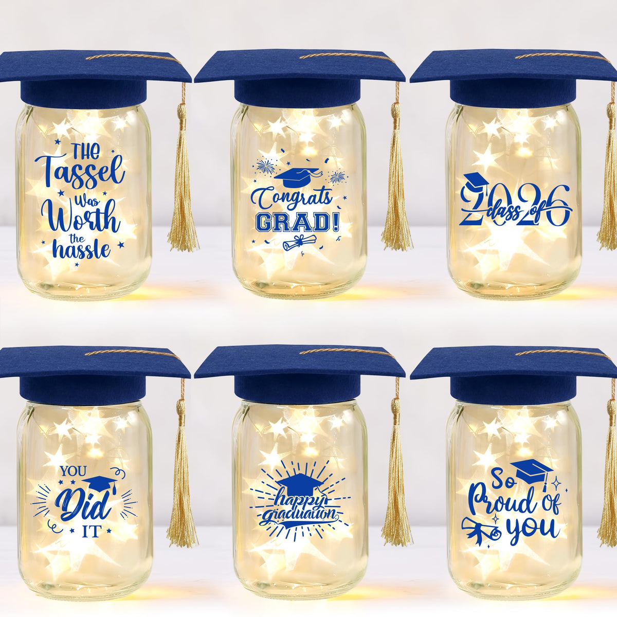 CUPLOOV glowing graduation jar blue as a centerpiece with warm illumination
