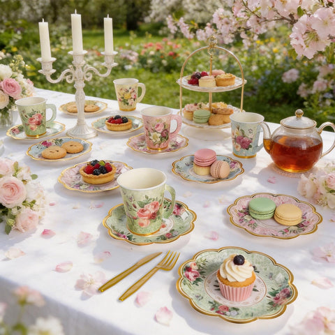 CUPLOOV scalloped dinner plates for a classic garden party vibe.