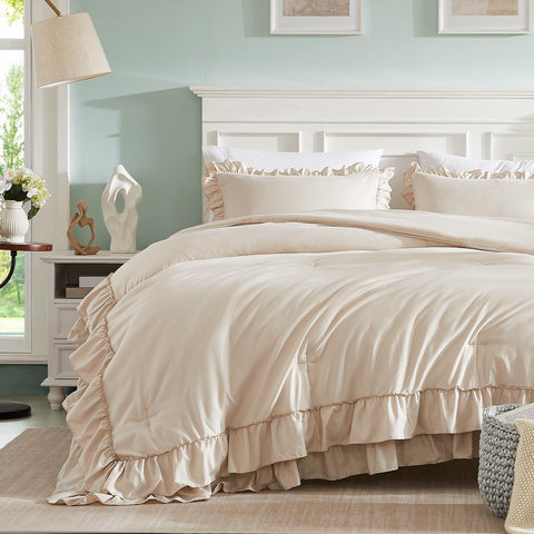 Cupocupa beige queen comforter microfiber texture closeup shows soft durability.