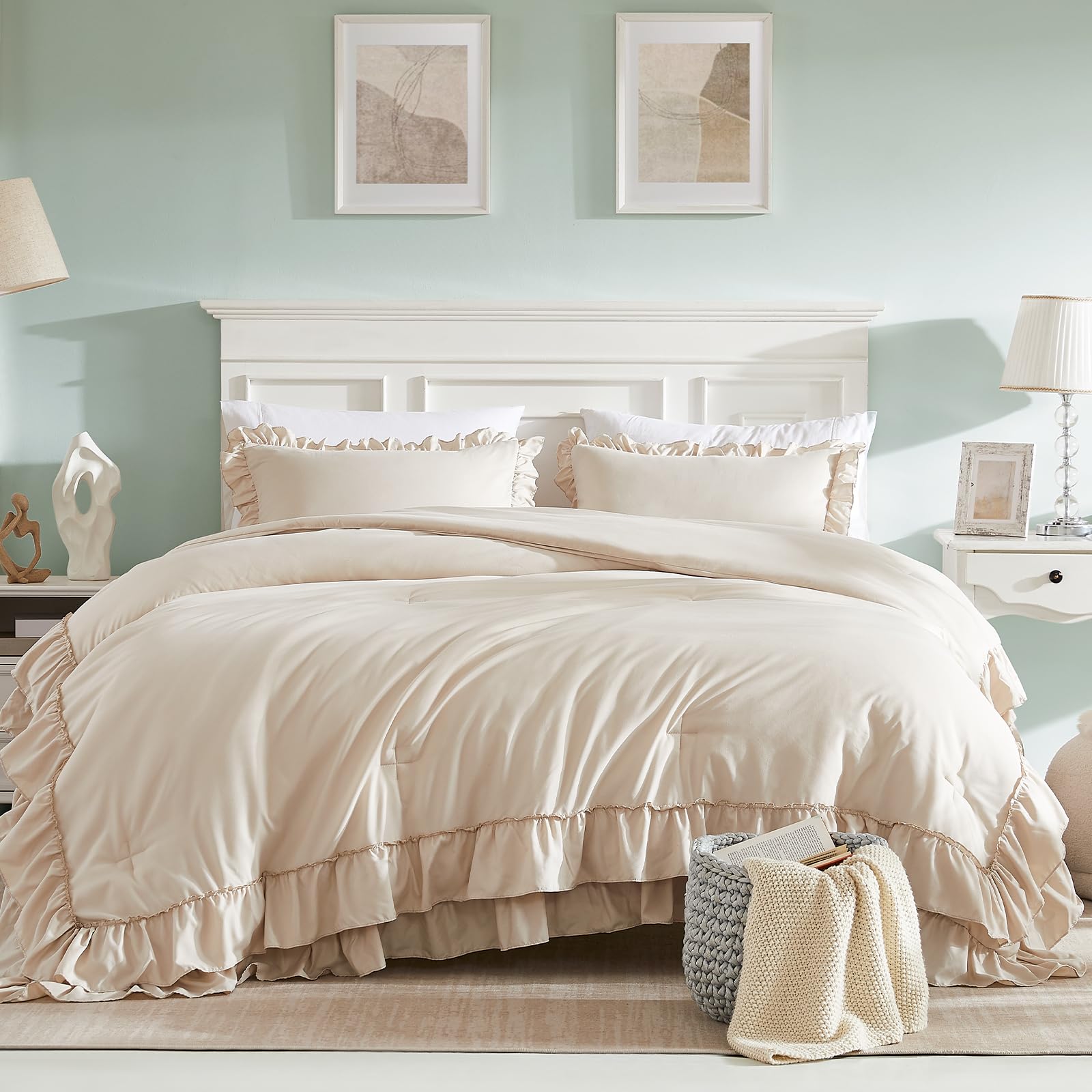 Cupocupa beige queen comforter ruffle hem closeup highlighting decorative texture.