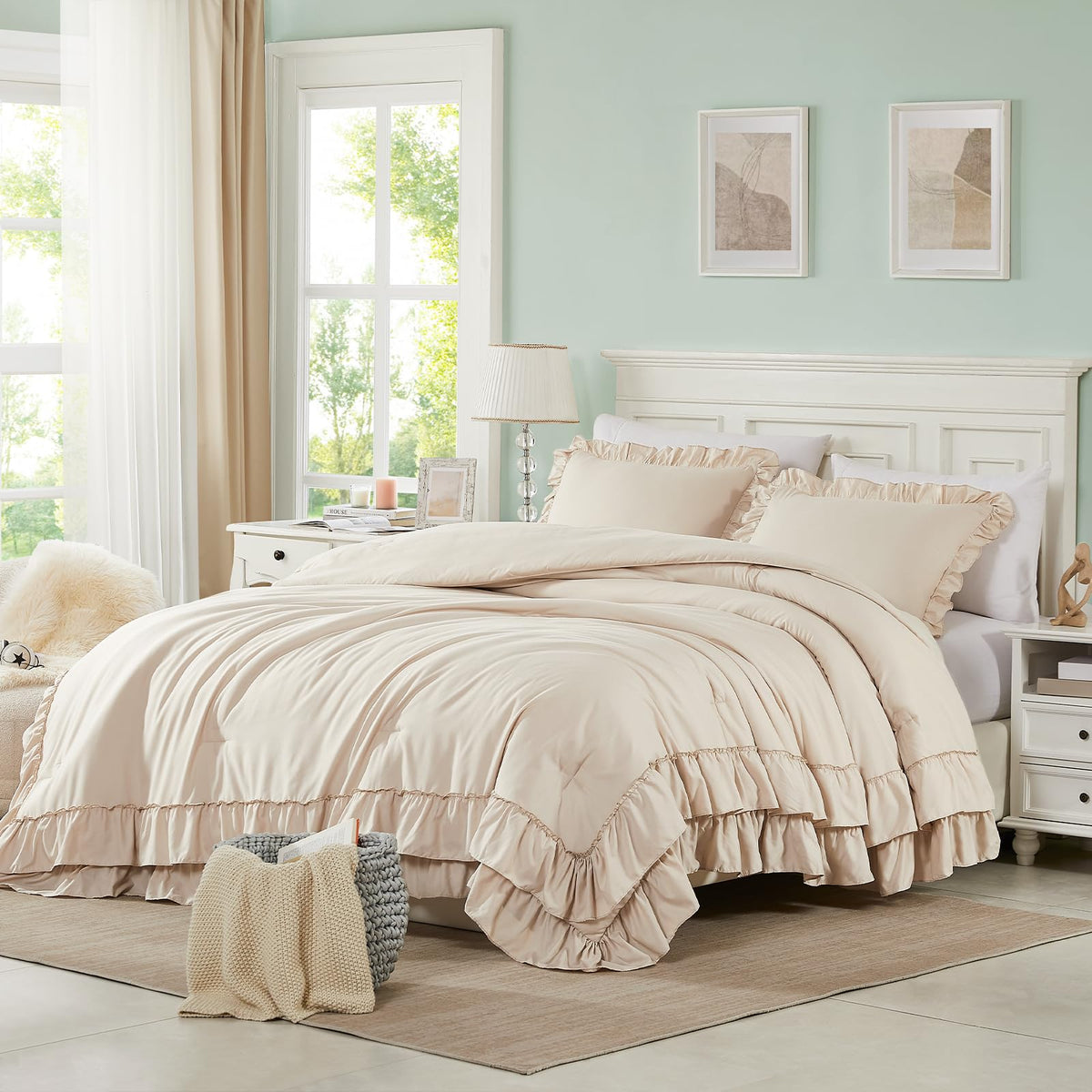 Cupocupa beige queen comforter set full view for a warm, elegant farmhouse bedroom.