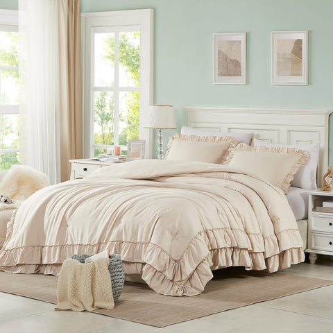 Cupocupa beige queen comforter set full view for a warm, elegant farmhouse bedroom.
