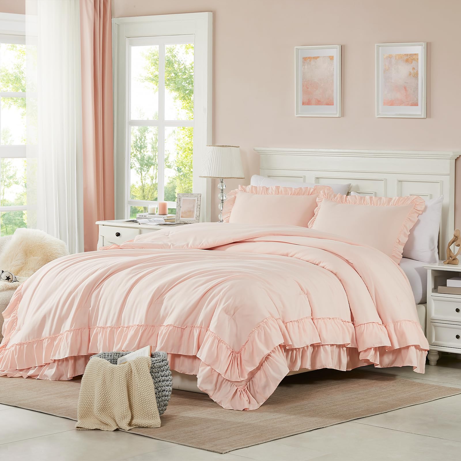 Cupocupa blush pink queen comforter set on bed, showcasing elegant double-layer ruffle trim.