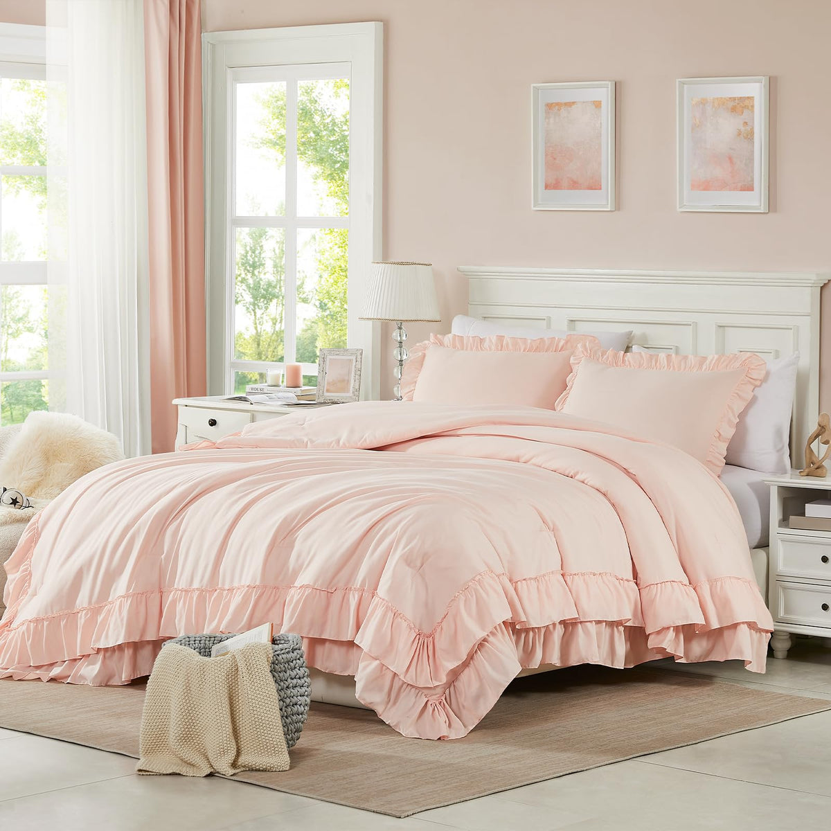 Cupocupa blush pink queen comforter set on bed, showcasing elegant double-layer ruffle trim.