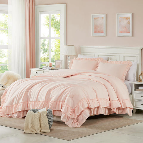 Cupocupa blush pink queen comforter set on bed, showcasing elegant double-layer ruffle trim.