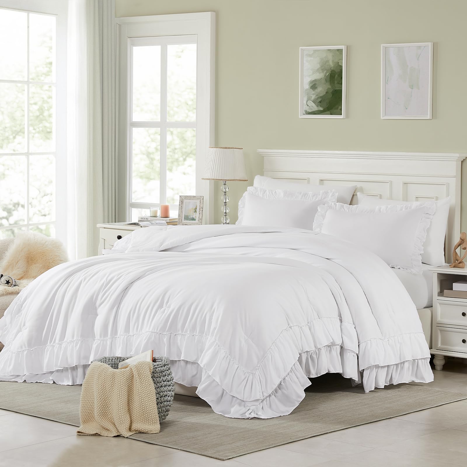 Cupocupa White Queen Comforter Set on bed with elegant ruffle detailing for a cozy farmhouse look.