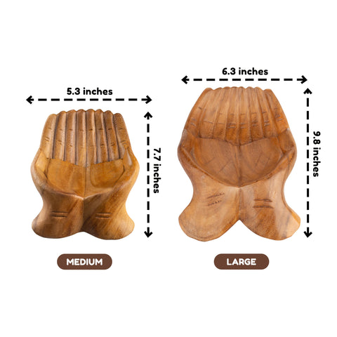 Curawood carved hands offering bowl wooden tray ideal for keys and small trinkets.