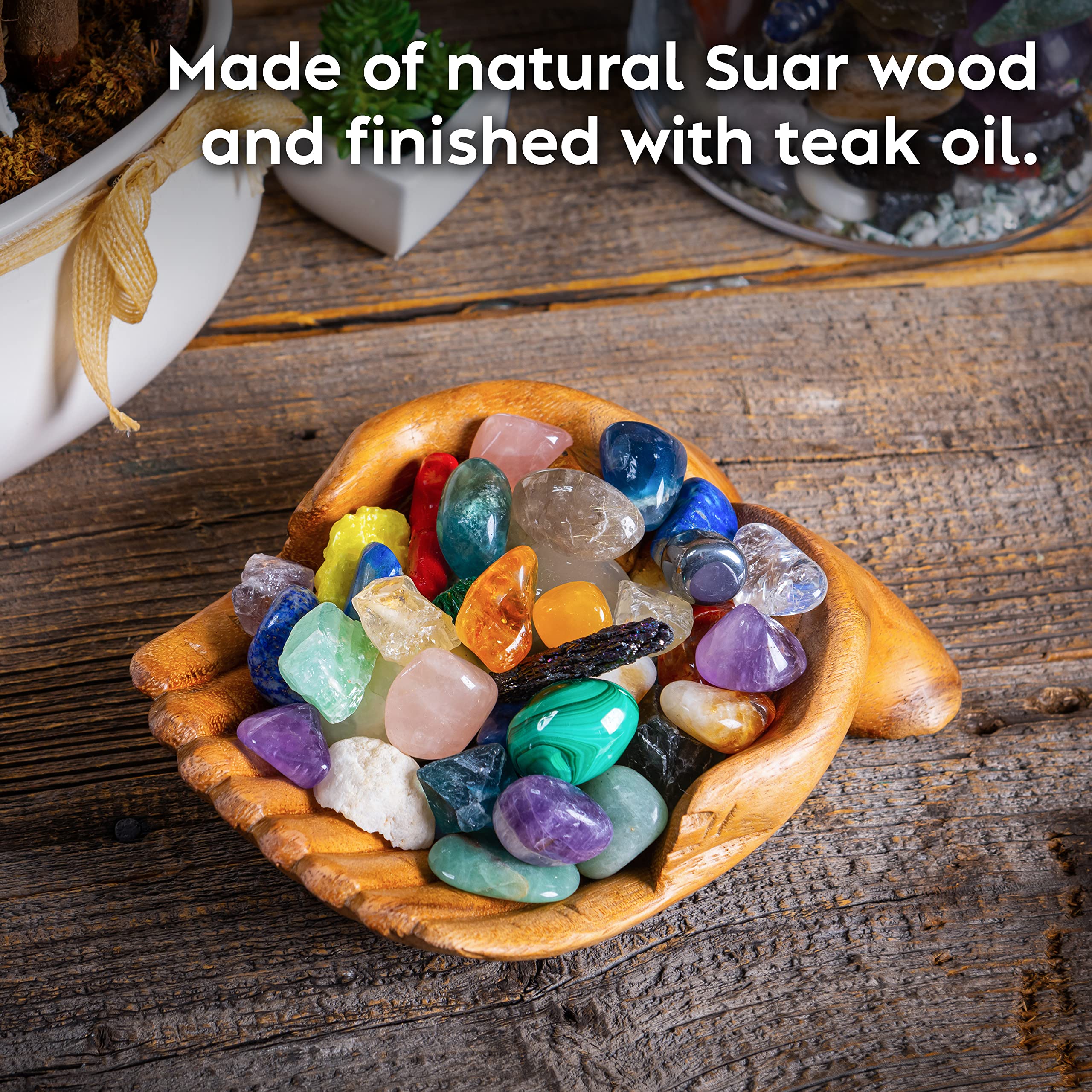 Curawood rock display bowl earthy wood finish enhances any decor.
