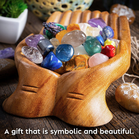 Curawood wooden hands bowl for crystals and stones on a desk or shelf.
