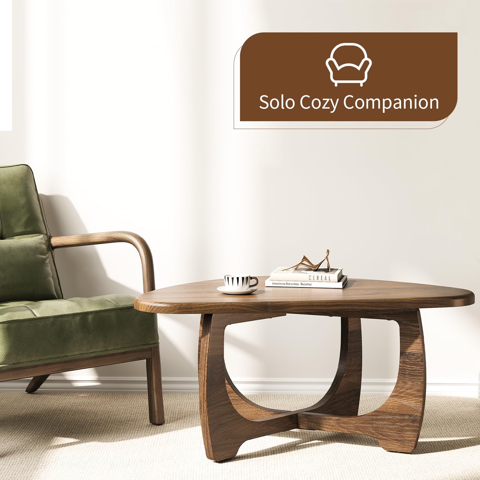 Curlaky coffee table walnut finish complements mid-century decor
