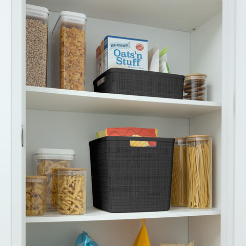Curver 17L cube basket in kitchen shelf for clutter-free counters.