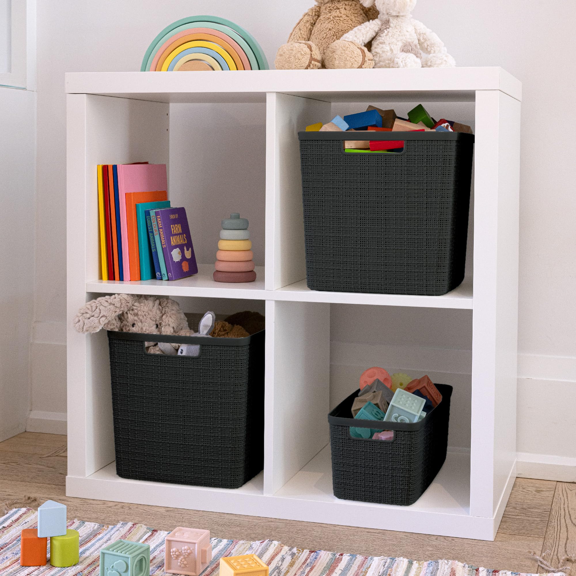Curver 17L cube basket in laundry room for sorting and transport.