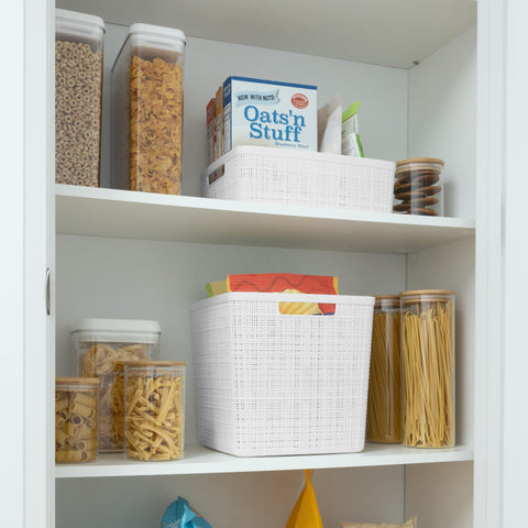 Curver storage baskets on cube shelves for neat space organization