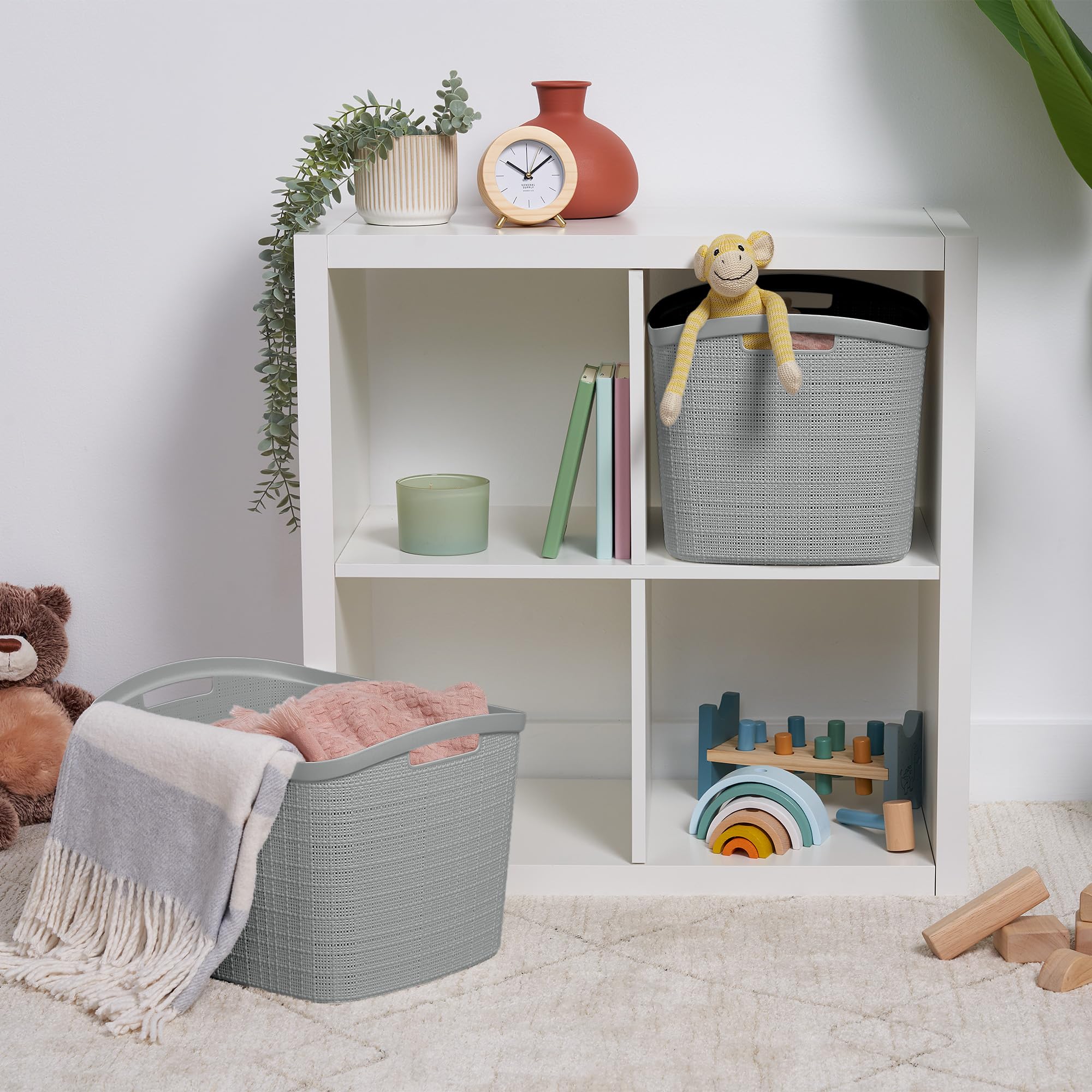 Curver XL gray baskets on a shelf maximizing closet organization