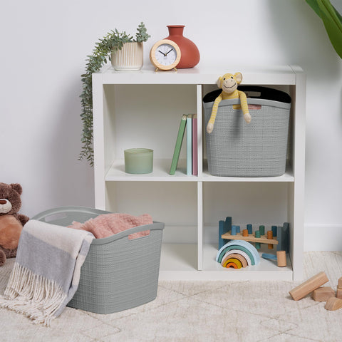 Curver XL gray baskets on a shelf maximizing closet organization