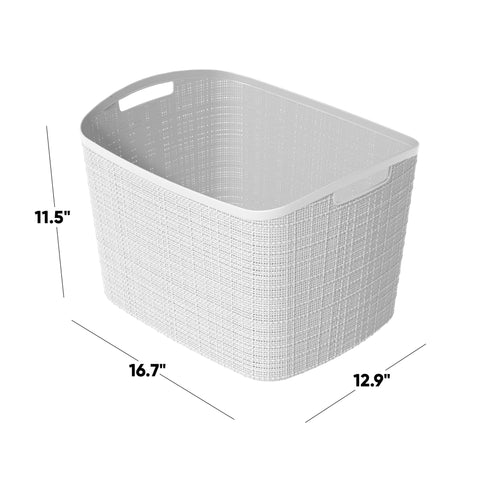 Curver XL 30.5L basket in white, side texture close-up, durable resin finish resists fading.