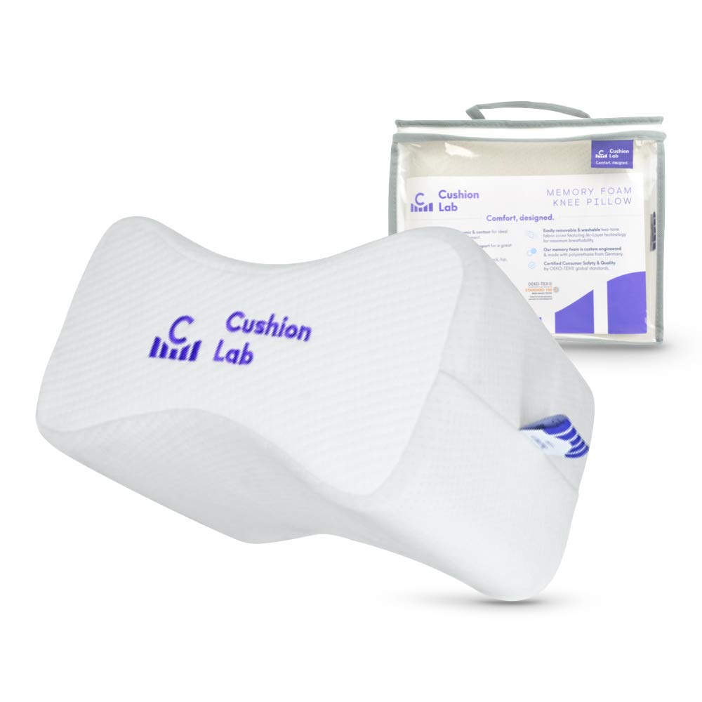 Cushion Lab knee pillow front view for leg and spine alignment.