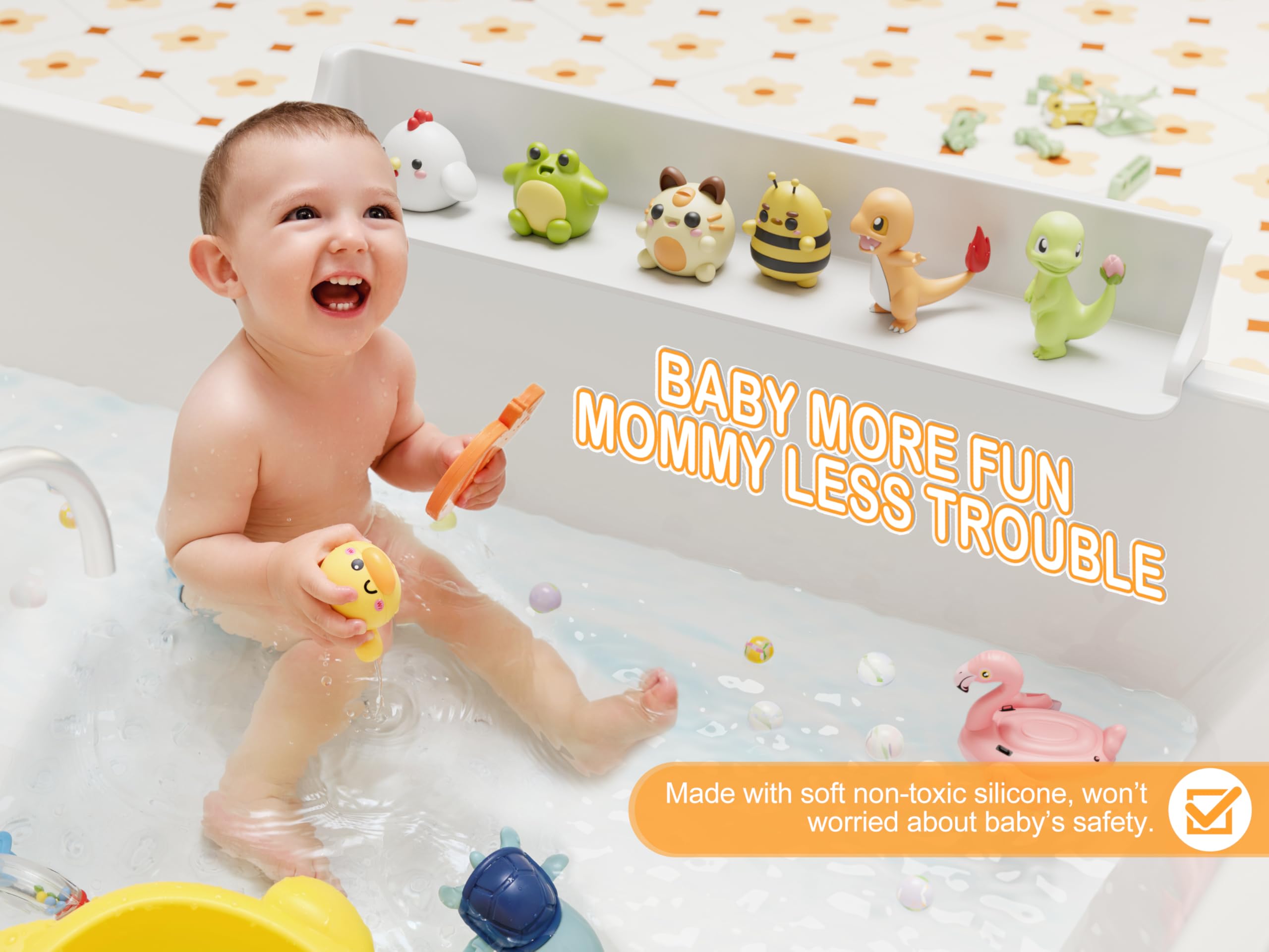 Cushore toy tray caddy keeps bath toys organized and within reach.