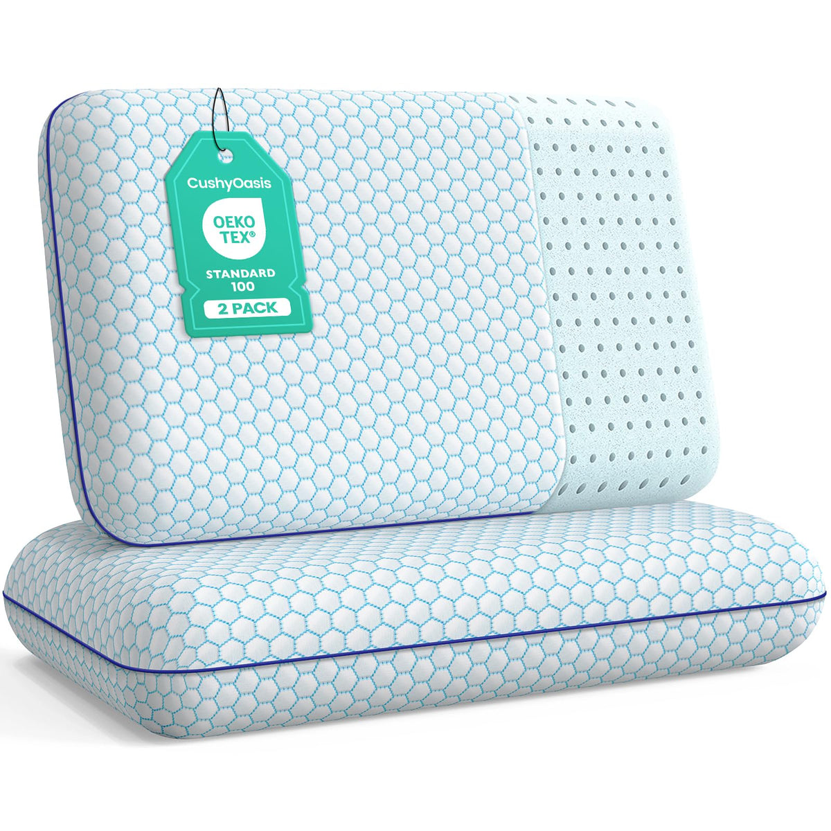 CushyOasis memory foam pillow in blue cover offers all-night neck support.