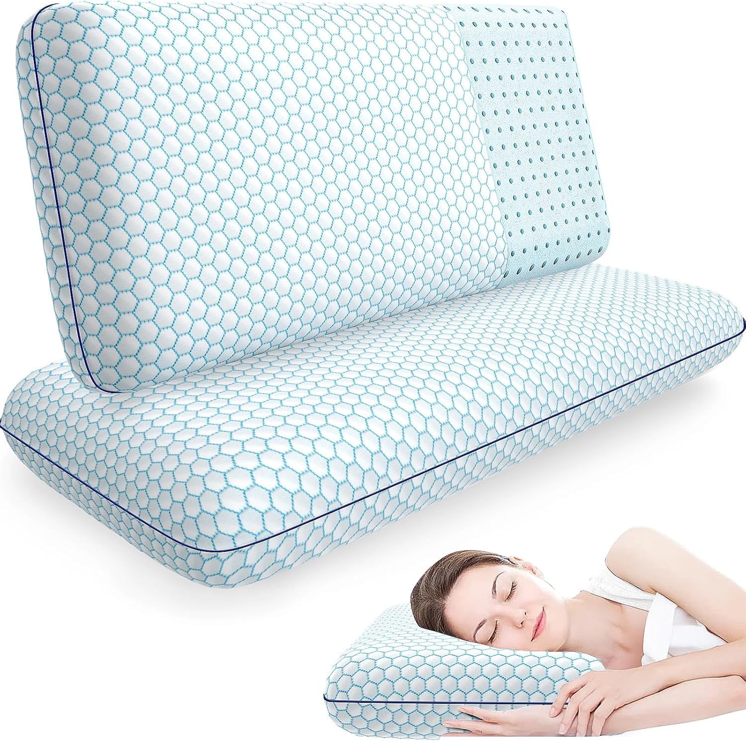 CushyOasis memory foam pillow with blue cover, top view highlighting cooling comfort.