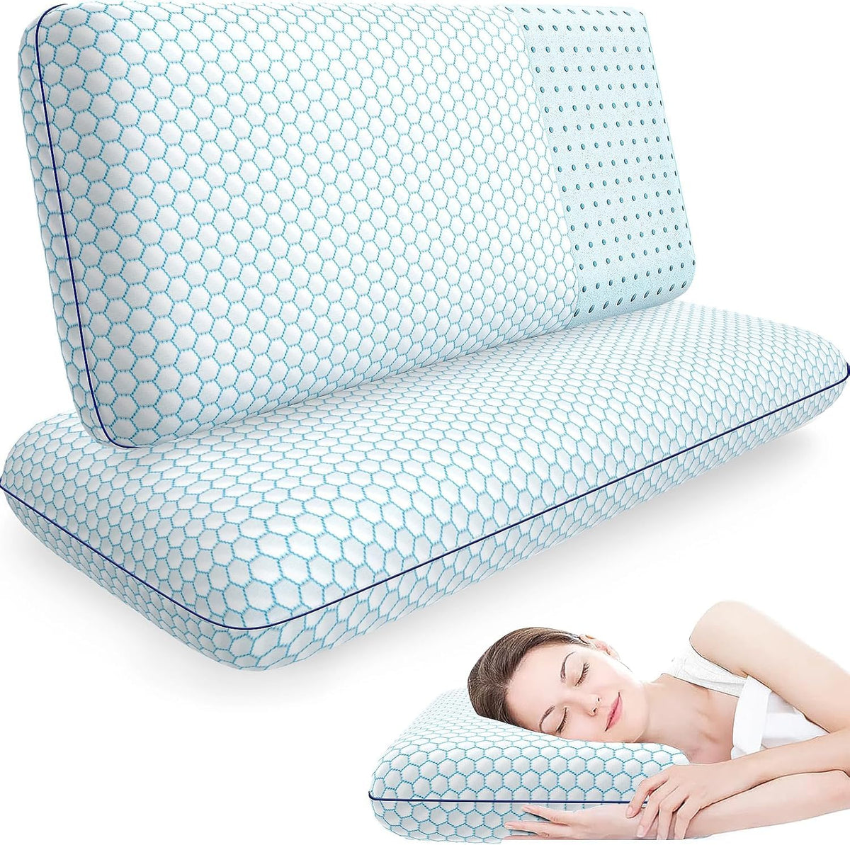 CushyOasis memory foam pillow with blue cover, top view highlighting cooling comfort.