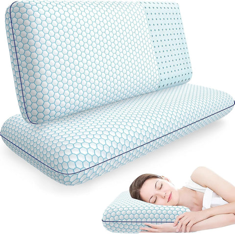 CushyOasis memory foam pillow with blue cover, top view highlighting cooling comfort.