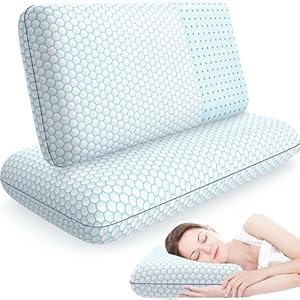 CushyOasis memory foam pillow close-up showing contour support for side, back, and stomach sleepers.