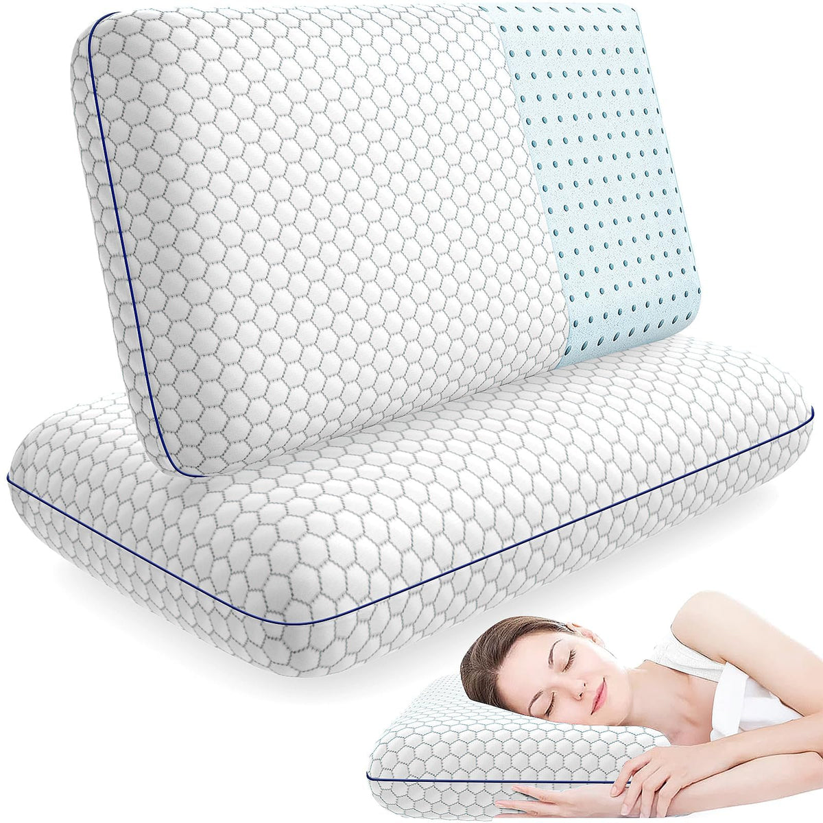 CushyOasis memory foam pillow on bed showing two-pack option and full support.
