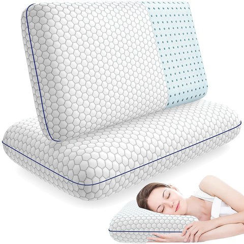 CushyOasis memory foam pillow on bed showing two-pack option and full support.