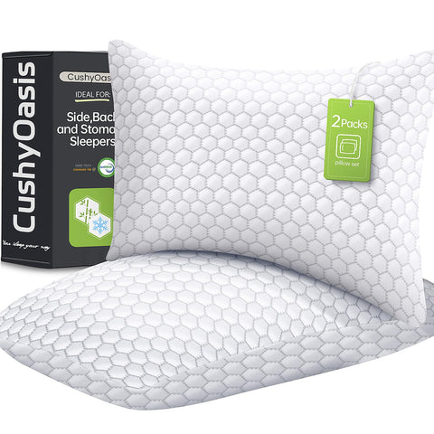 CushyOasis shredded memory foam pillow queen grey with cooling side for hot nights.