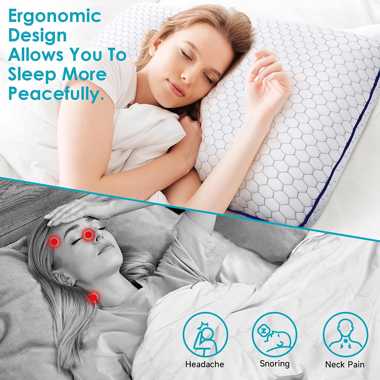 Different pillow sizes standard, queen, and king to fit your bed.