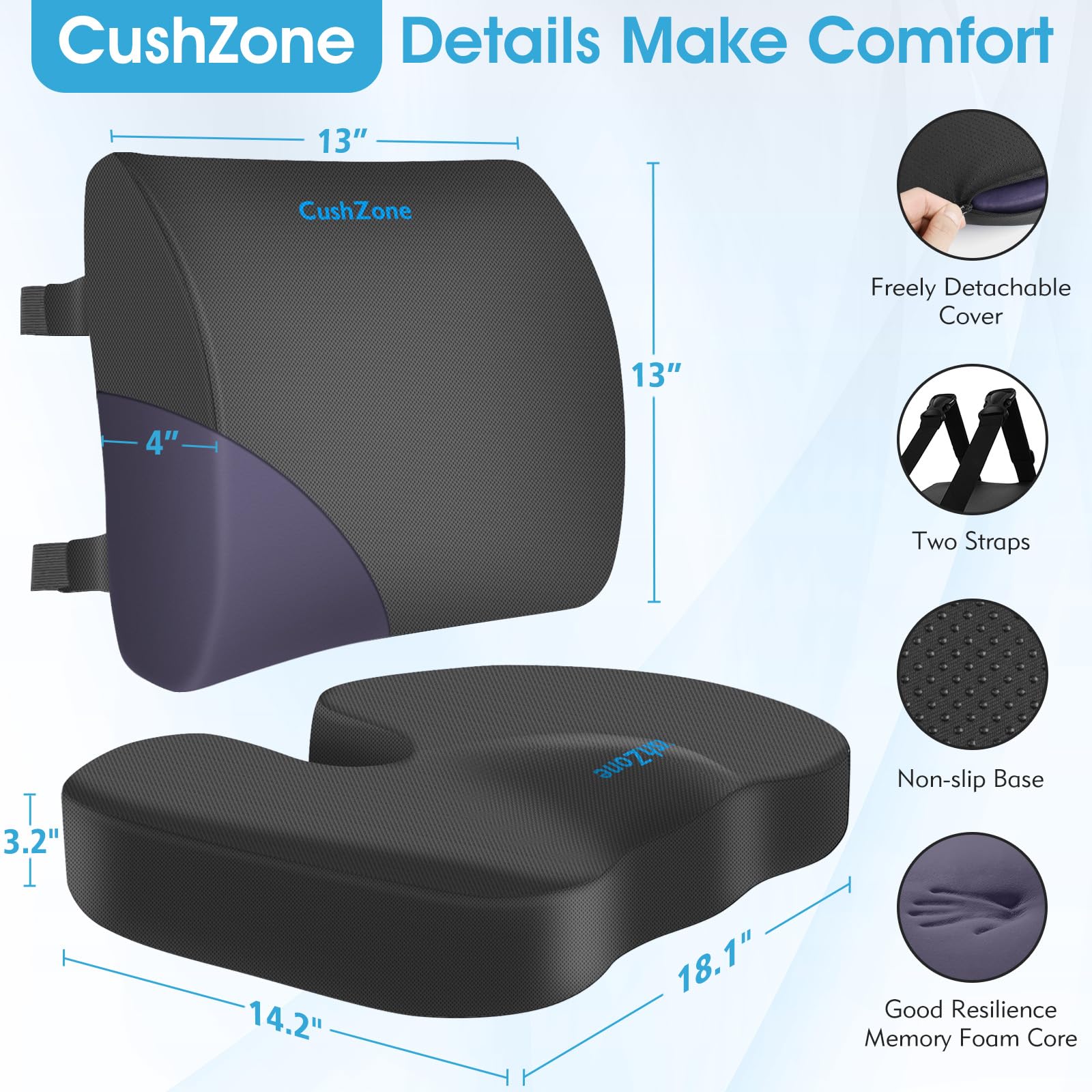 CushZone adjustable strap keeps the pillow secure on chairs