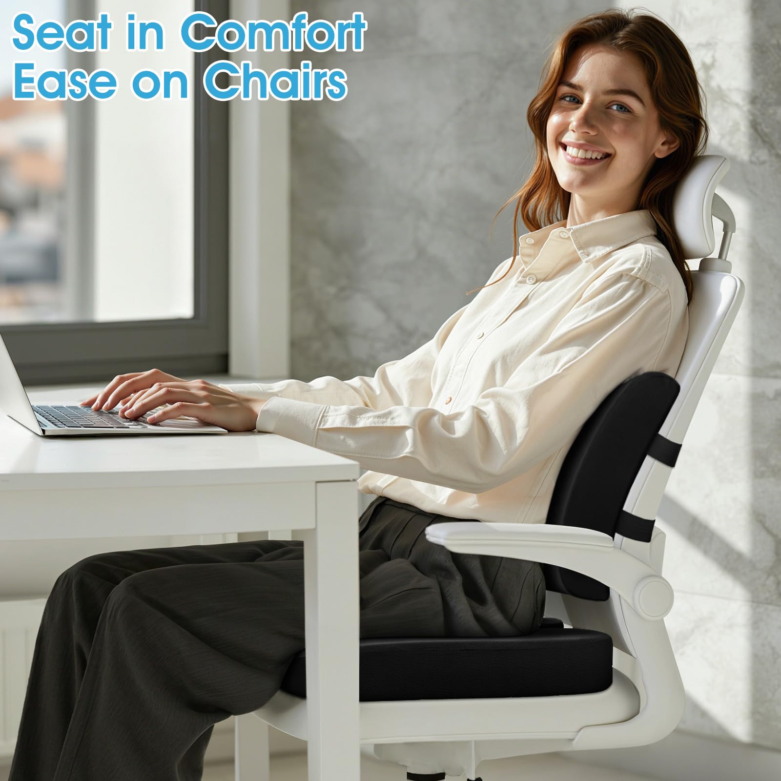 CushZone adjustable straps secure the lumbar pillow to various chairs