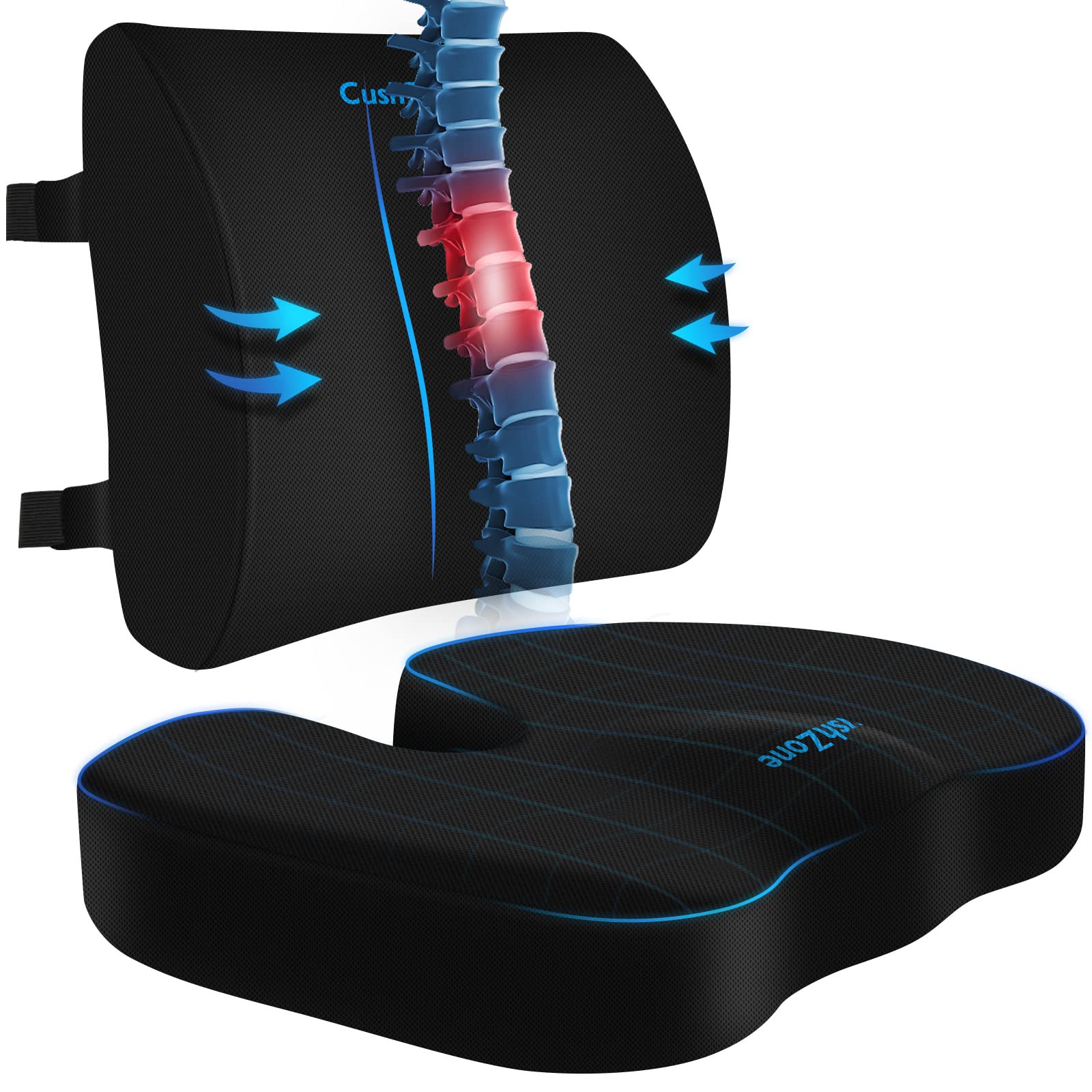 CushZone ergonomic seat cushion providing targeted support for extended sitting and improved posture