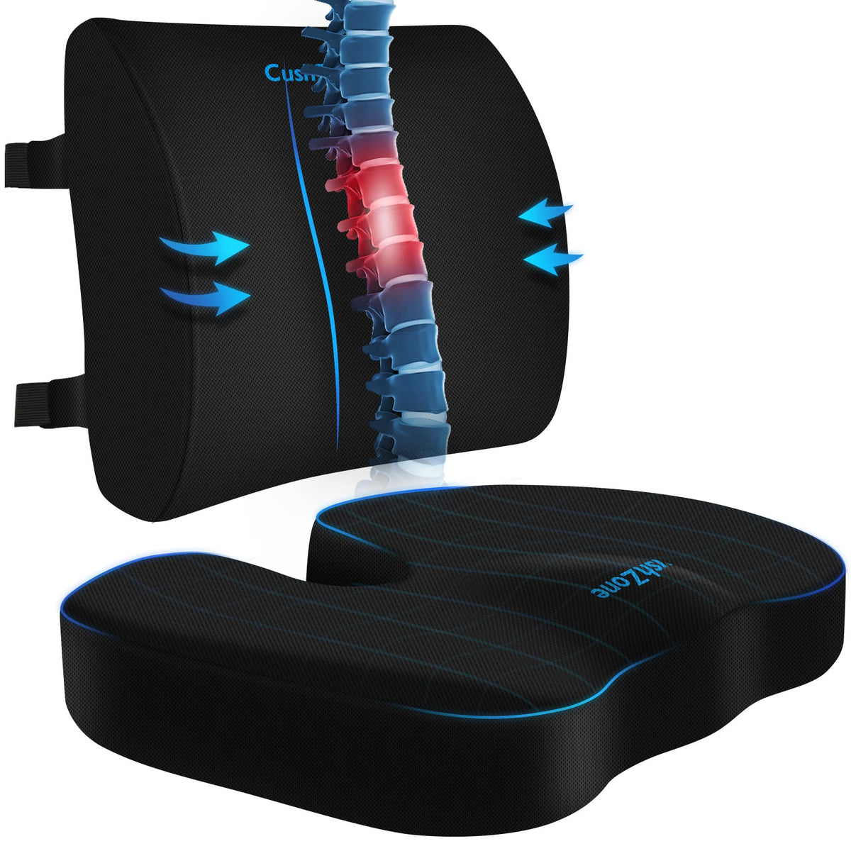 CushZone ergonomic seat cushion providing targeted support for extended sitting and improved posture