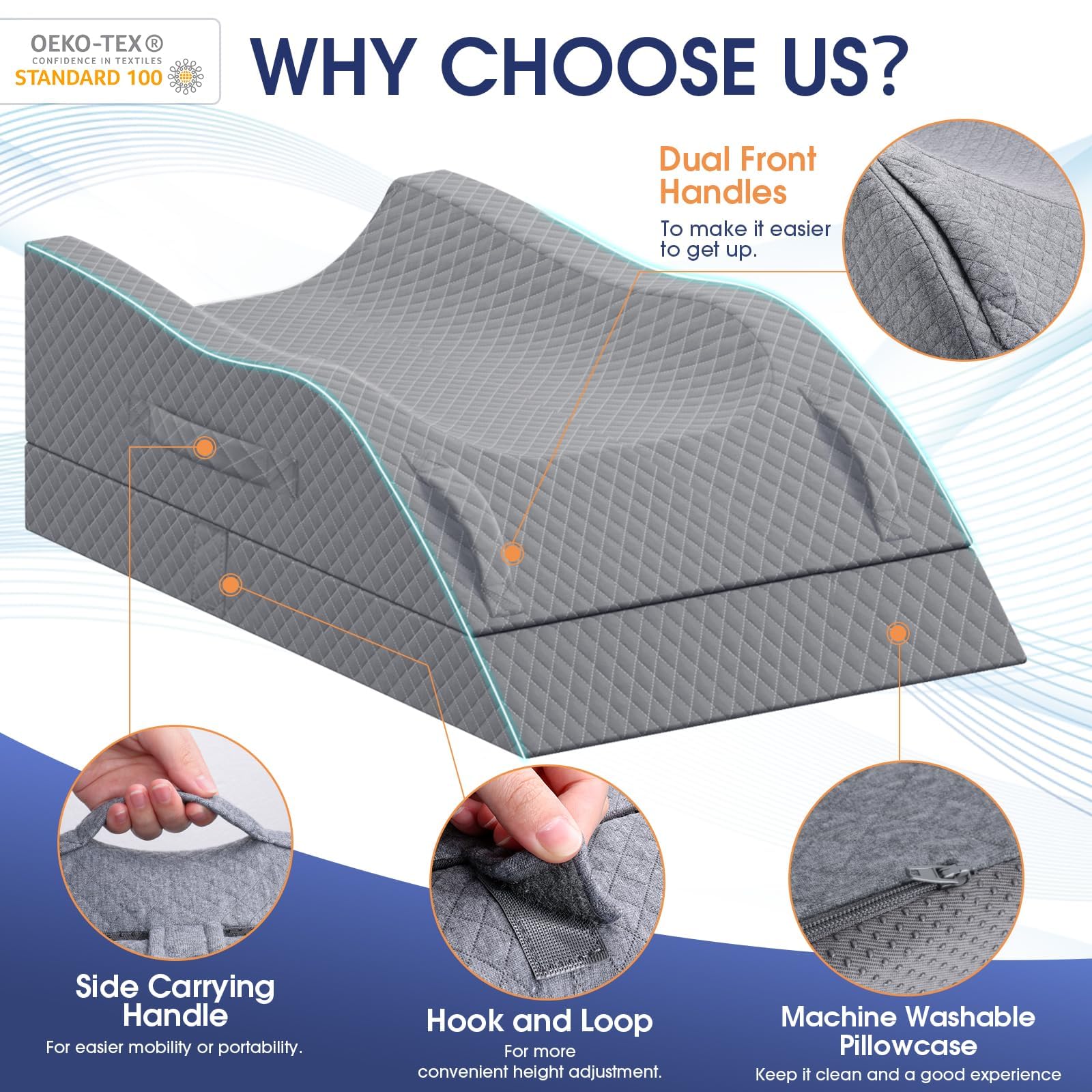 CushZone Leg Pillow features side handles for easy positioning.