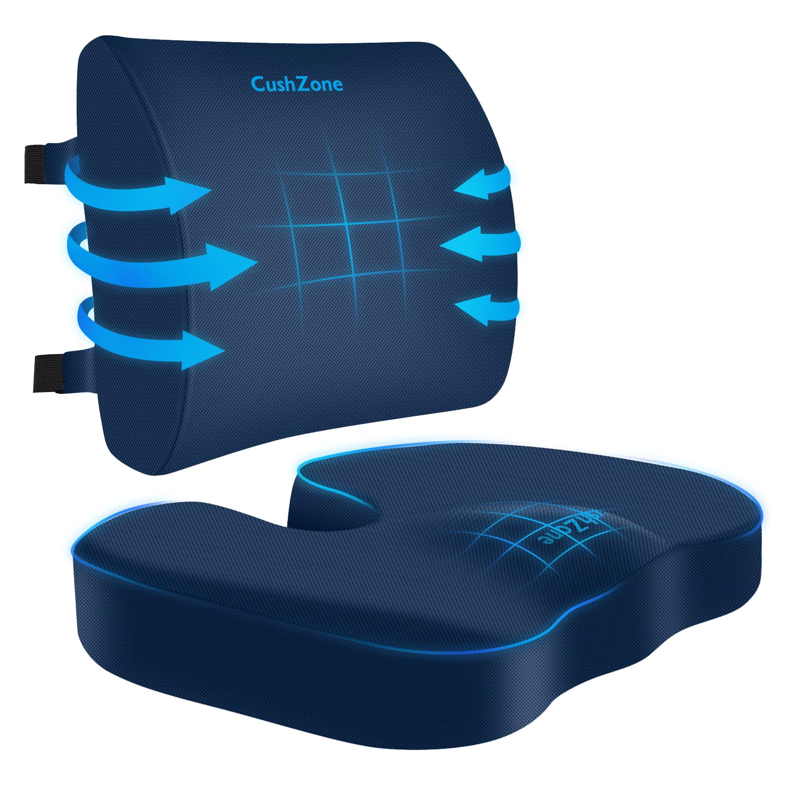 CushZone seat cushion with adjustable strap for ergonomic comfort during long sits.