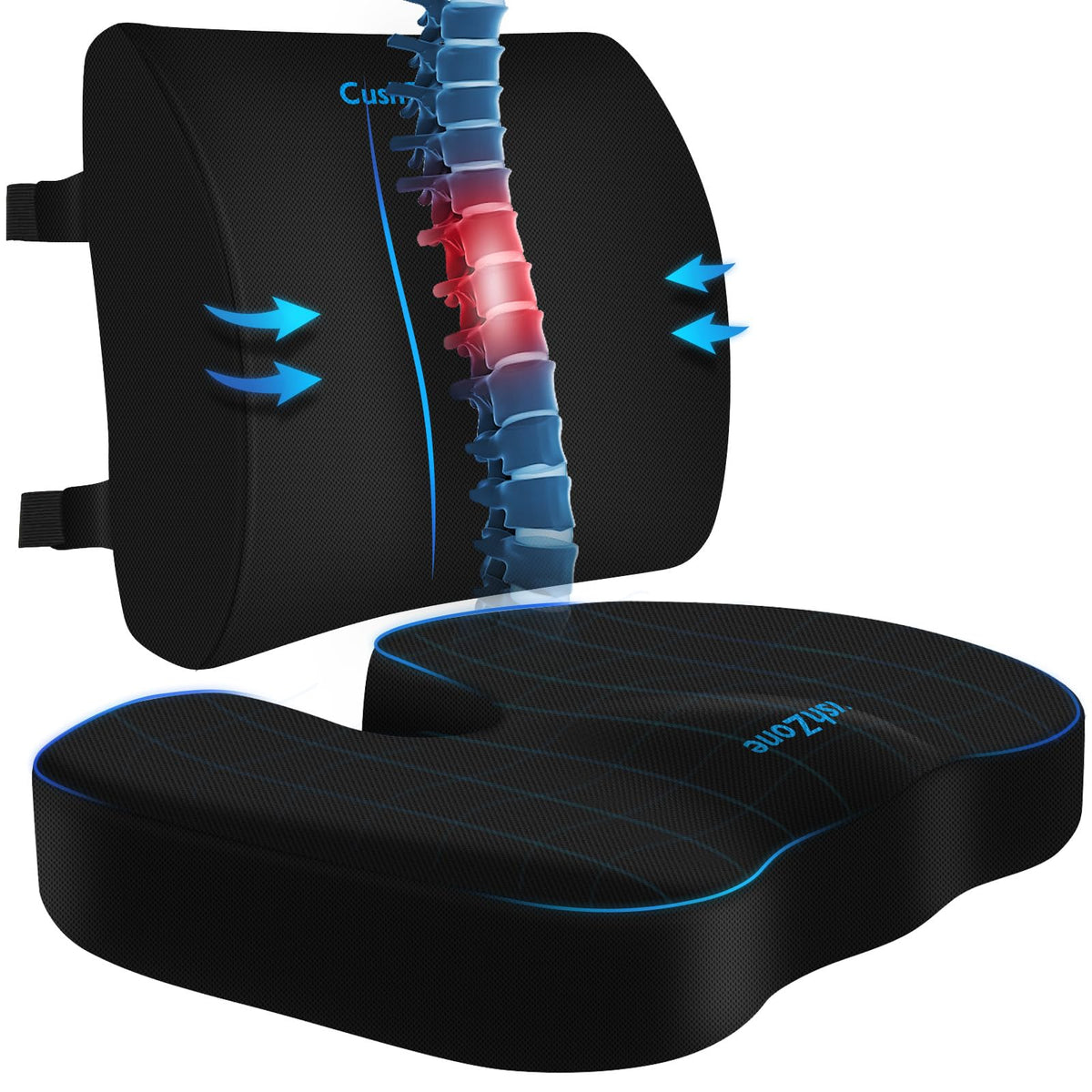 CushZone seat cushion with ergonomic shape provides comfortable support for long seating.