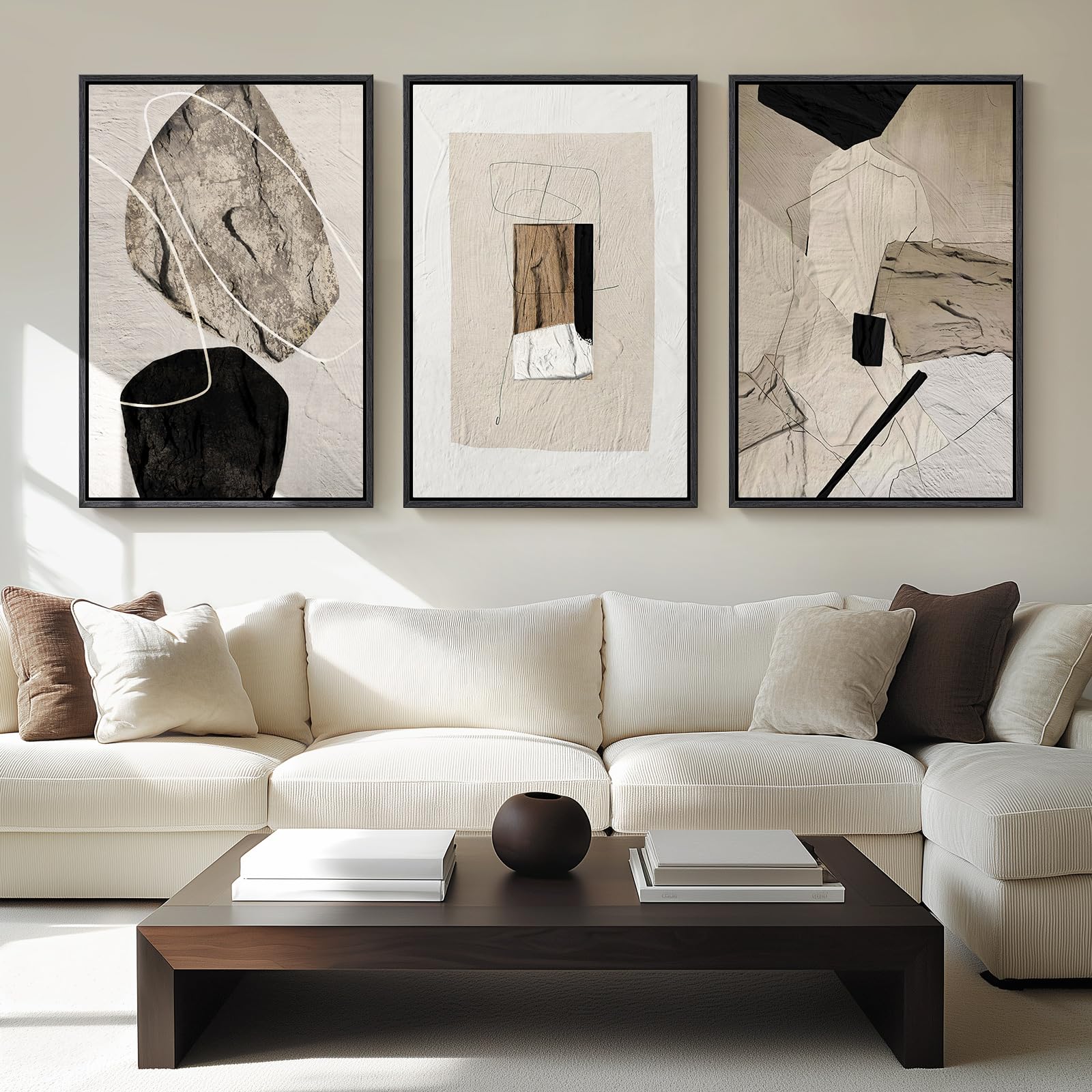 Cuspin 3-piece neutral abstract wall art panel 1 enhances living room ambiance