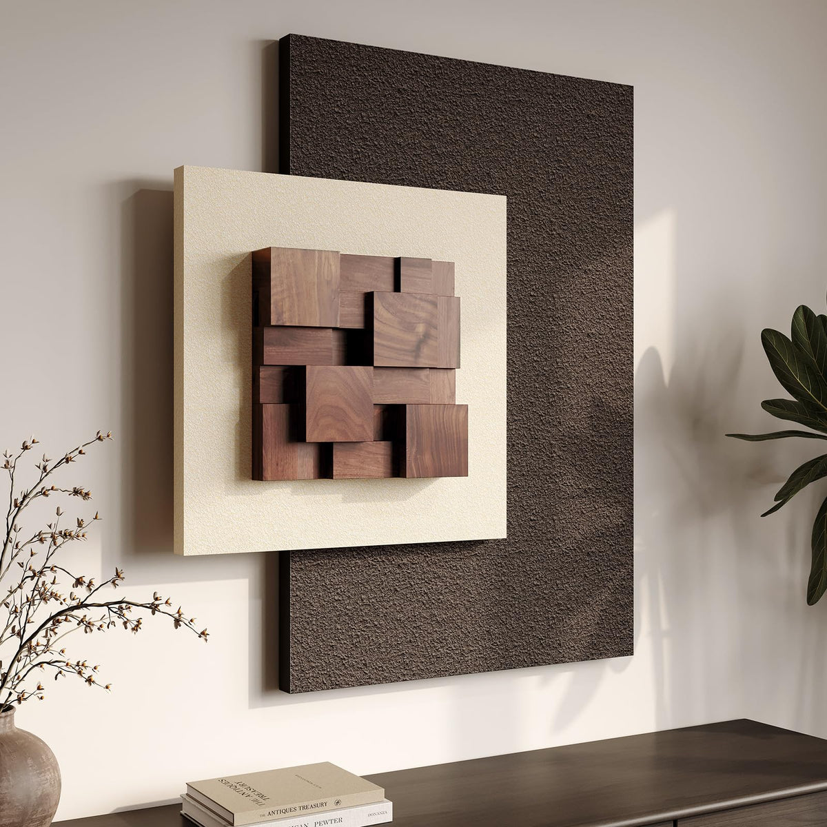 Cuspin 3D wood textured wall art with layered blocks adds depth to living spaces.
