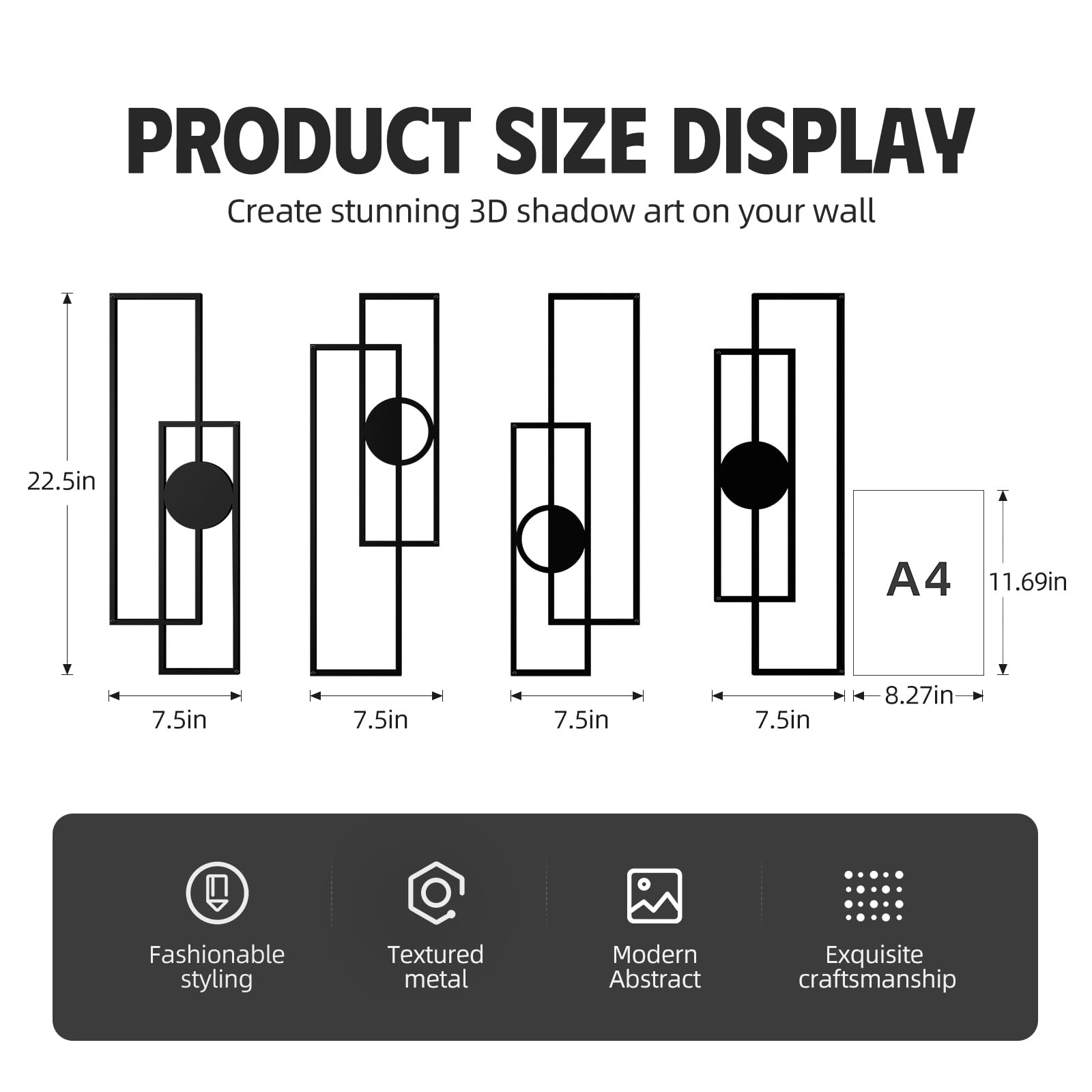 Cuspin abstract black metal wall art 4-pack shows 3D texture and depth.