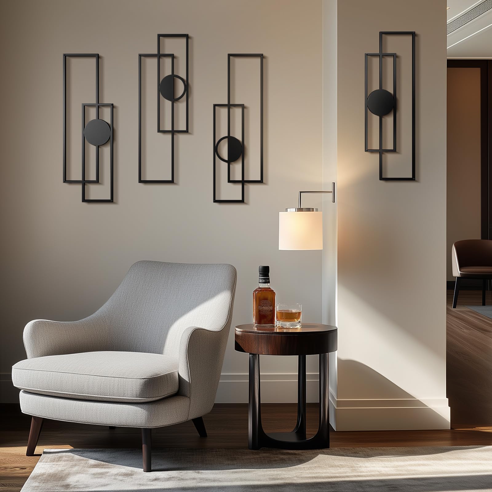 Cuspin abstract black metal wall art 4-pack horizontal layout idea for living rooms.