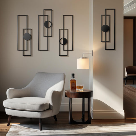 Cuspin abstract black metal wall art 4-pack horizontal layout idea for living rooms.