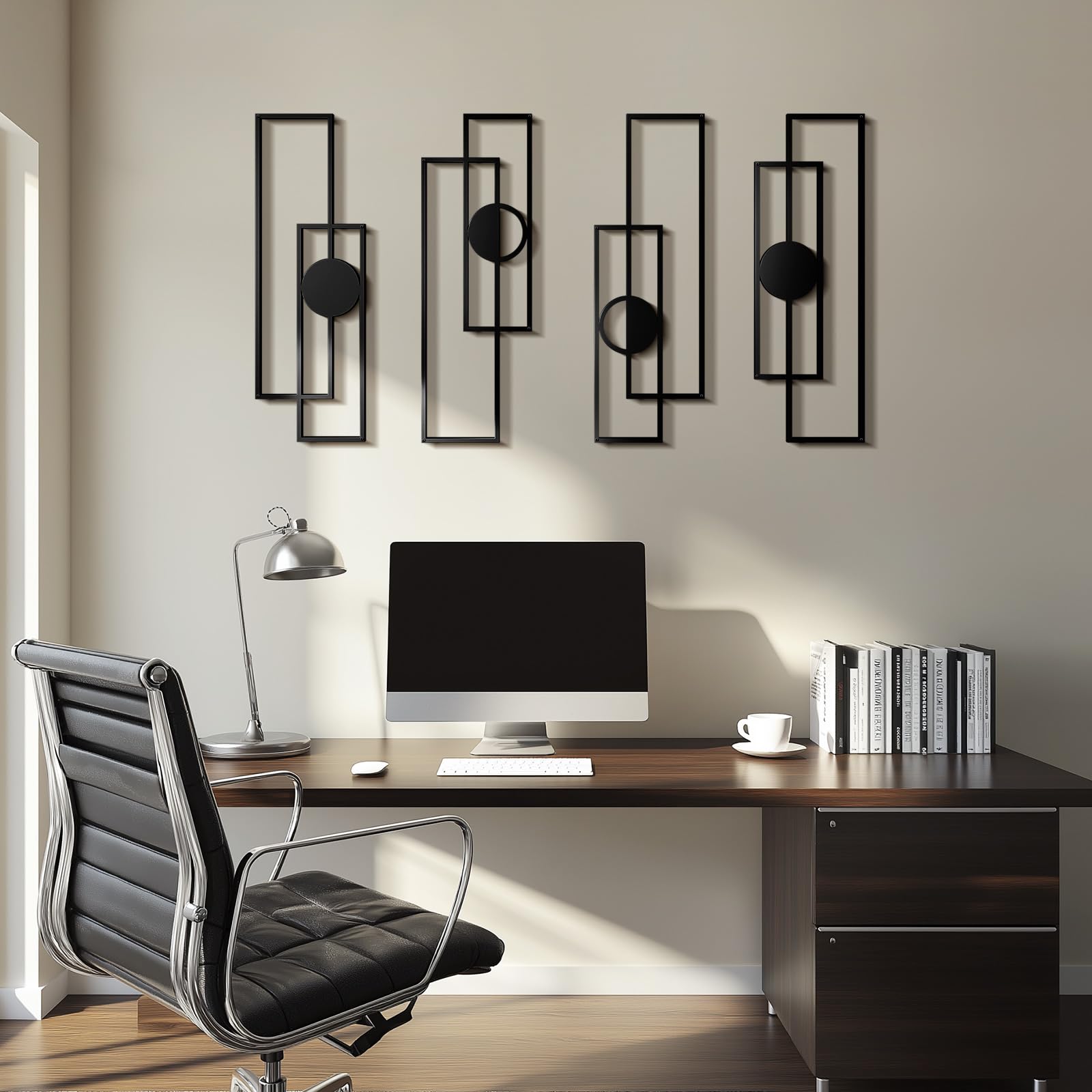 Cuspin abstract black metal wall art 4-pack vertical layout idea for tall walls.