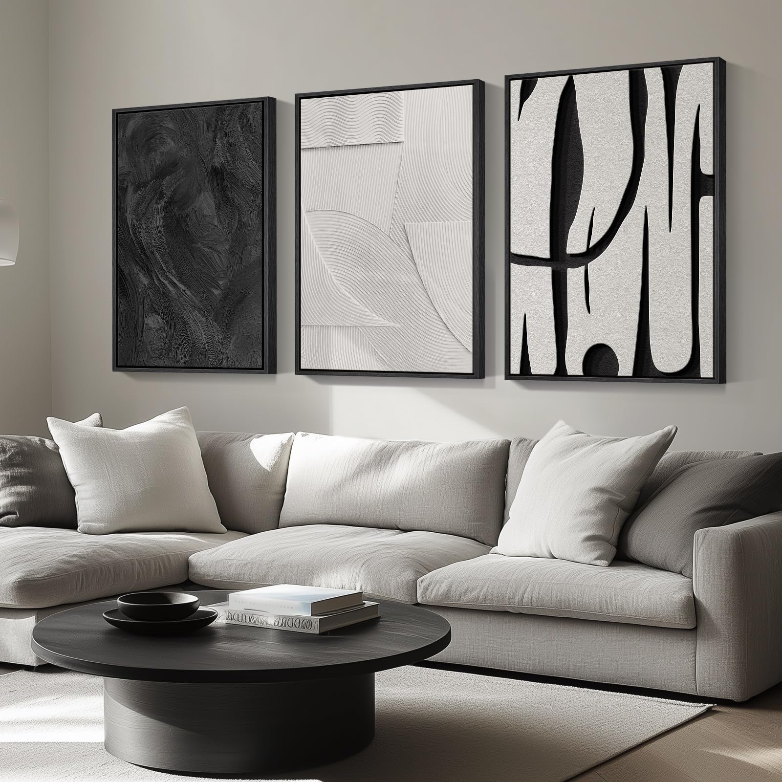 Cuspin abstract wall art three-panel front view highlighting framing