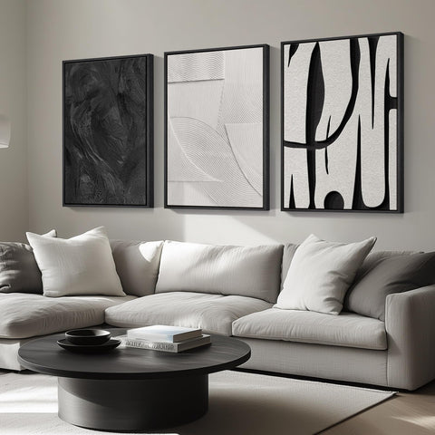 Cuspin abstract wall art three-panel front view highlighting framing