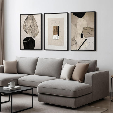 Cuspin framed neutral abstract wall art in a living room setup, versatile and stylish.