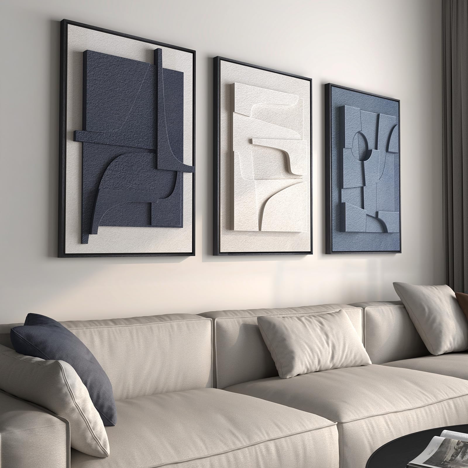 Cuspin large 3D textured framed wall art in blue and white abstract, adds depth to living room wall.