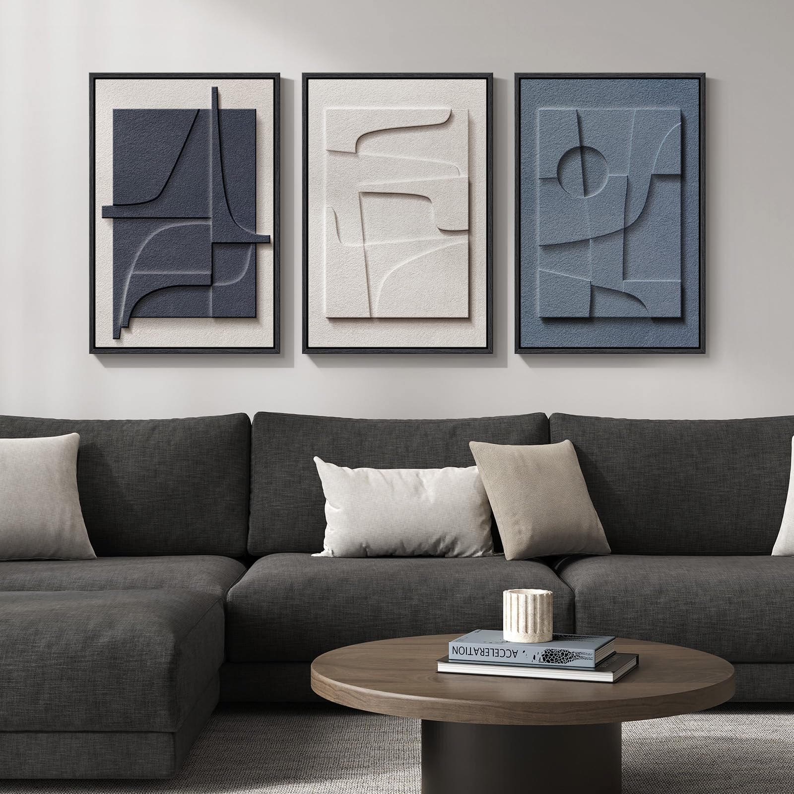 Cuspin 3D textured framed wall art blue and white abstract, creates dimensional interest in hallway.